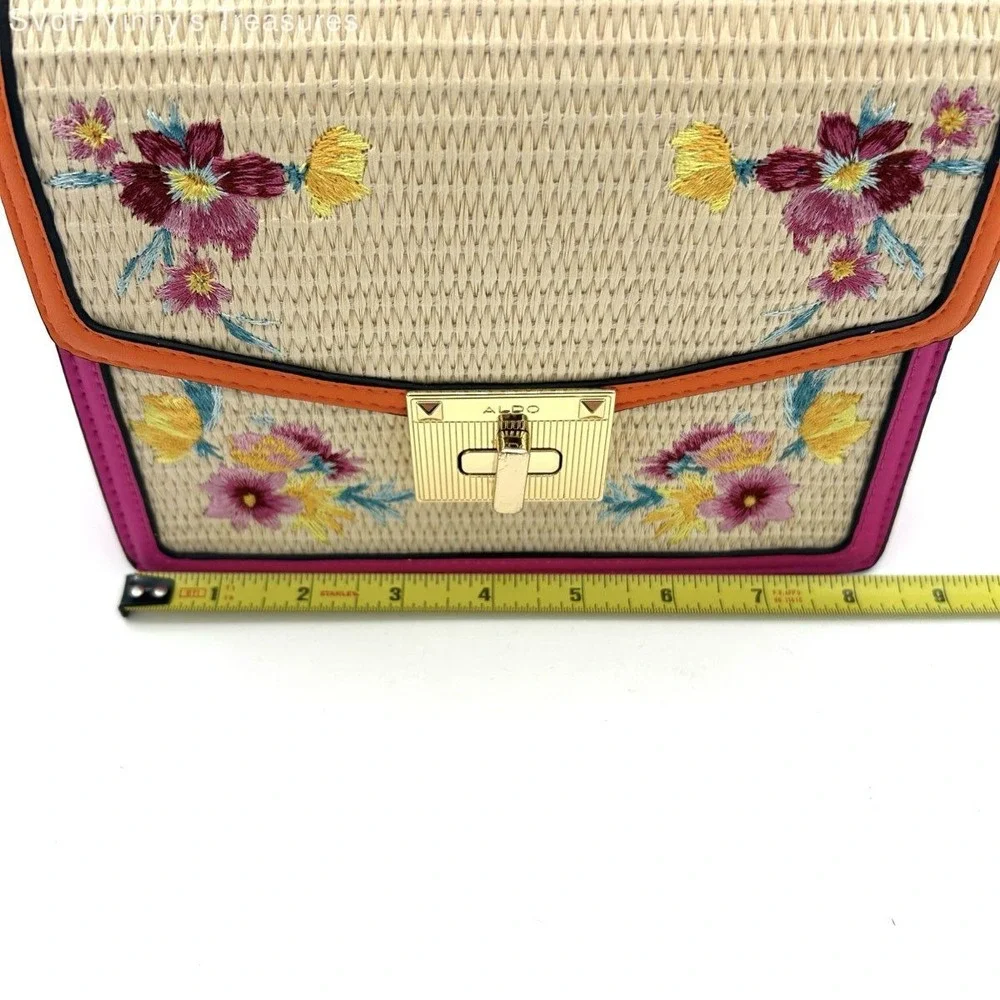 Aldo Women's Multicolor Straw Satchel Crossbody Bag Floral Embroidered New